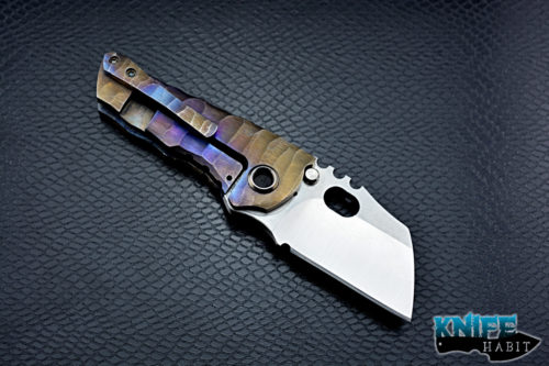 custom dalibor bergam knives pollux integral knife, purple and blue anodized and sculpted titanium frame, satin 3v blade steel