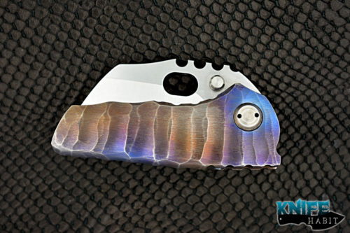 custom dalibor bergam knives pollux integral knife, purple and blue anodized and sculpted titanium frame, satin 3v blade steel