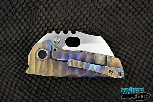 custom dalibor bergam knives pollux integral knife, purple and blue anodized and sculpted titanium frame, satin 3v blade steel