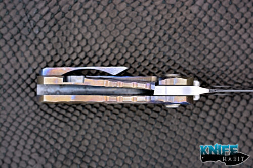 custom dalibor bergam knives pollux integral knife, purple and blue anodized and sculpted titanium frame, satin 3v blade steel