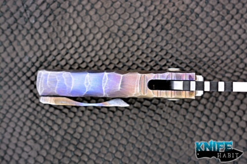 custom dalibor bergam knives pollux integral knife, purple and blue anodized and sculpted titanium frame, satin 3v blade steel