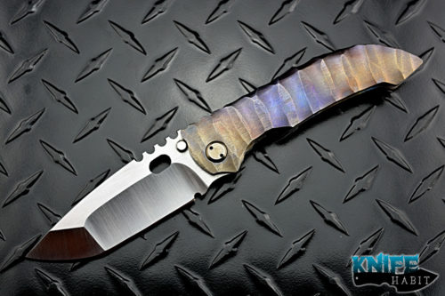 custom dalibor bergam regulus integral knife, satin 3v blade steel, deep sculpted color anodized titanium handle