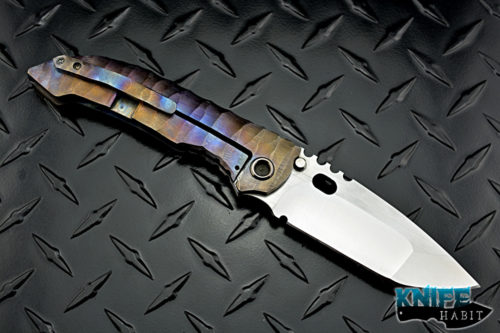 custom dalibor bergam regulus integral knife, satin 3v blade steel, deep sculpted color anodized titanium handle