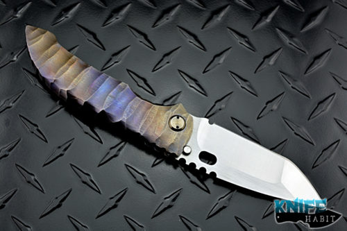 custom dalibor bergam regulus integral knife, satin 3v blade steel, deep sculpted color anodized titanium handle