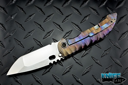 custom dalibor bergam regulus integral knife, satin 3v blade steel, deep sculpted color anodized titanium handle