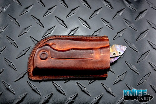 custom dalibor bergam regulus integral knife, satin 3v blade steel, deep sculpted color anodized titanium handle, leather sheath