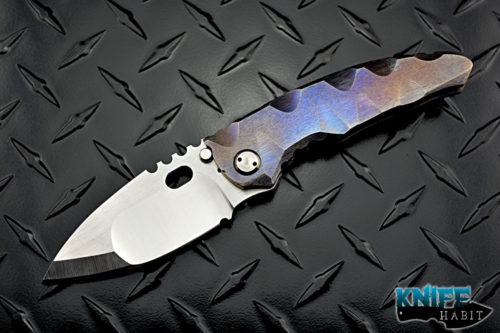 custom dalibor bergam vega integral knife, satin 3v blade steel, complain grind, colorful unique sculpting