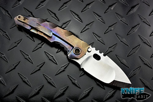 custom dalibor bergam vega integral knife, satin 3v blade steel, complain grind, colorful unique sculpting