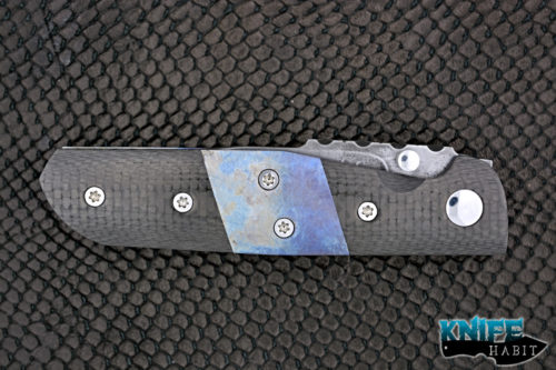 custom denis budak croat knife, carbon fiber scales, blue anodized titanium inlays, titanium liner, 1095 blade steel with hamon