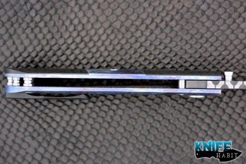 custom denis budak croat knife, carbon fiber scales, blue anodized titanium inlays, titanium liner, 1095 blade steel with hamon