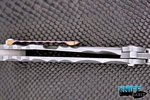 custom dsk tactical kickstand knife, milled titanium handle, dual tone cpm 154 blade steel, mokuti clip