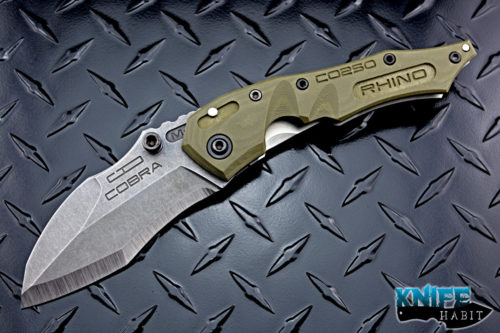 custom dwaine carrillo iron rhino m250 cobra m5 knife, od green g10 show side, satin titanium lock side, stonewashed cpm 154 blade steel