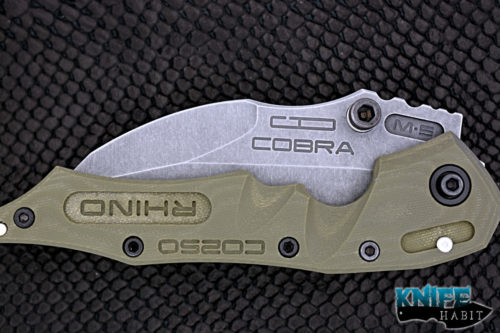 custom dwaine carrillo iron rhino m250 cobra m5 knife, od green g10 show side, satin titanium lock side, stonewashed cpm 154 blade steel