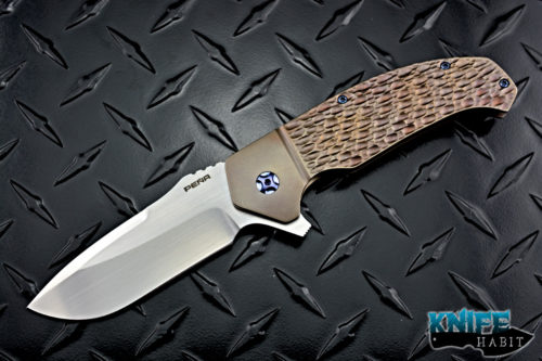 custom enrique pena 4.5 diesel knife, hand jigged bronzed titanium framelock, blue hardware, hand rubbed satin cpm 154 blade steel