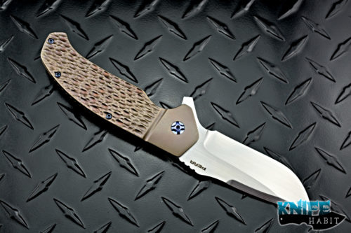 custom enrique pena 4.5 diesel knife, hand jigged bronzed titanium framelock, blue hardware, hand rubbed satin cpm 154 blade steel