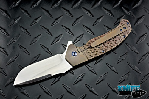 custom enrique pena 4.5 diesel knife, hand jigged bronzed titanium framelock, blue hardware, hand rubbed satin cpm 154 blade steel