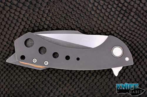 custom Fischer bros launch knife, superconductor hardware, milled titanium frame, dual tone blade