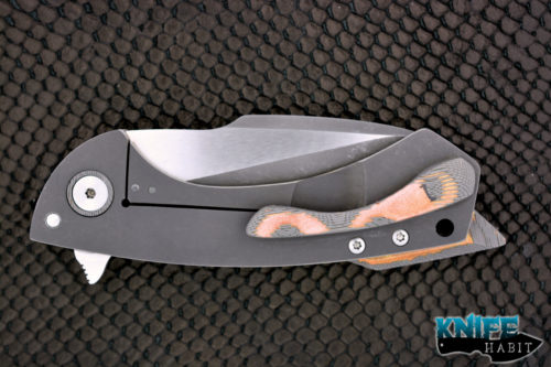 custom Fischer bros launch knife, superconductor hardware, milled titanium frame, dual tone blade