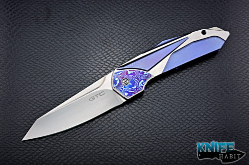 custom gtc stampede knife, slt trigger, mokuti inlays, blue anodized titanium frame