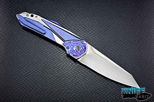 custom gtc stampede knife, slt trigger, mokuti inlays, blue anodized titanium frame