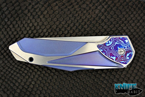 custom gtc stampede knife, slt trigger, mokuti inlays, blue anodized titanium frame