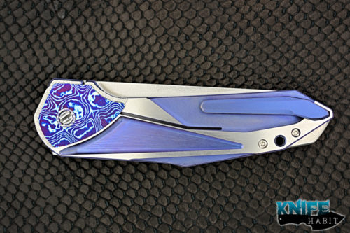 custom gtc stampede knife, slt trigger, mokuti inlays, blue anodized titanium frame