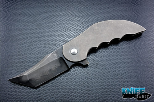 custom jeff vandermeulen tanto homicide knife, mokuti clip, acid washed w2 blade steel, tumbled stonewashed titanium handle