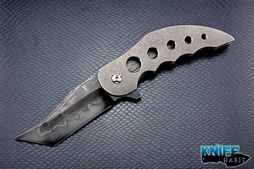 custom jeff vandermeulen tanto homicide #2 knife, acid washed, w2 blade steel, tumbled titanium frame, mokuti clip