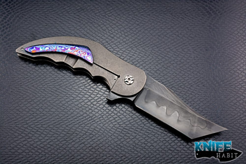 custom jeff vandermeulen tanto homicide #2 knife, acid washed, w2 blade steel, tumbled titanium frame, mokuti clip