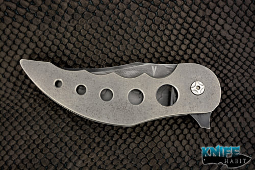 custom jeff vandermeulen tanto homicide #2 knife, acid washed, w2 blade steel, tumbled titanium frame, mokuti clip