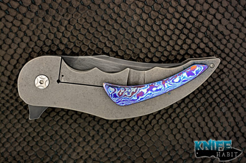 custom jeff vandermeulen tanto homicide #2 knife, acid washed, w2 blade steel, tumbled titanium frame, mokuti clip