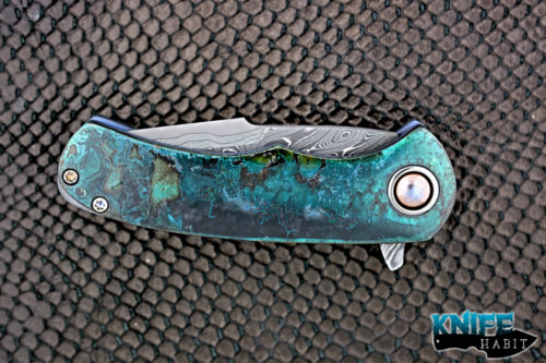 custom jonas iglesias jolt knife, san mai damascus blade, galatic patina copper scales, zirconium hardware