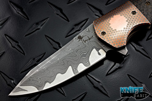 custom kirby lambert crossroads knife, superconductor bolsters, chad nichols san mai damascus blade, light strike carbon fiber scales, zirconium clip and floating backspacer