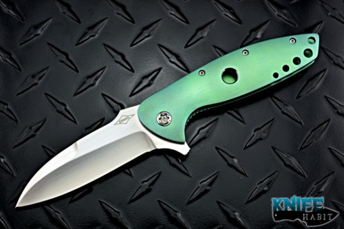 custom peter carey nitro knife, wharcliffe stellite 6k hand rubbed blade, green anodized titanium handle, tritium back spacer