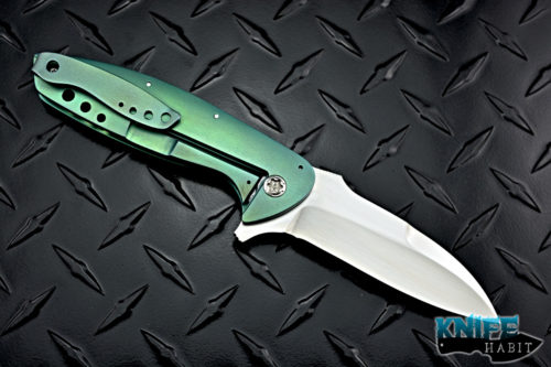 custom peter carey nitro knife, wharcliffe stellite 6k hand rubbed blade, green anodized titanium handle, tritium back spacer