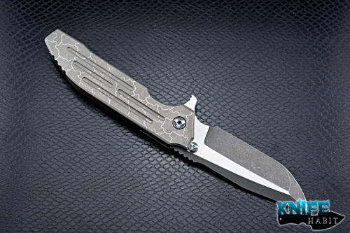 custom peter rassenti snafu integral knife, dual tone triple grind blade, desert floor titanium milled handle, blue hardware