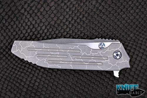 custom peter rassenti snafu integral knife, dual tone triple grind blade, desert floor titanium milled handle, blue hardware