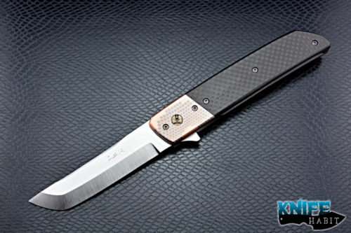 custom pohan leu hamachi flipper custom knife, copper superconductor bolster, carbon fiber scale, gold and purple anodized hardware, zirconium clip, titanium lock side, satin s35vn blade steel