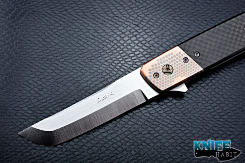 custom pohan leu hamachi flipper custom knife, copper superconductor bolster, carbon fiber scale, gold and purple anodized hardware, zirconium clip, titanium lock side, satin s35vn blade steel