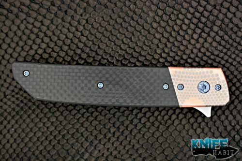 custom pohan leu hamachi flipper knife, superconductor bolster, carbon fiber, tanto grind s35vn blade steel, zirconium clip,