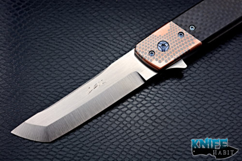 custom pohan leu hamachi flipper knife, superconductor bolster, carbon fiber, tanto grind s35vn blade steel, zirconium clip,