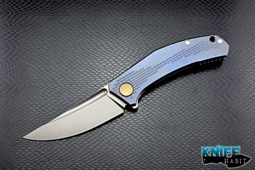 custom shirogorov sinkevich jeans knife, stonewashed, blue anodized, gold hardware and backspacer