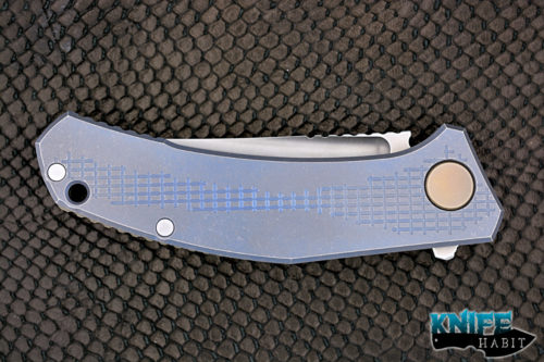 custom shirogorov sinkevich jeans knife, stonewashed, blue anodized, gold hardware and backspacer