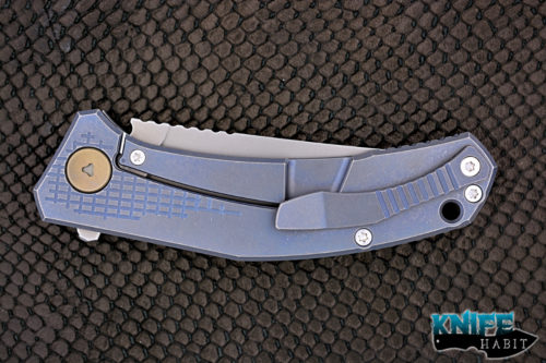 custom shirogorov sinkevich jeans knife, stonewashed, blue anodized, gold hardware and backspacer