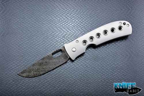 custom tom mayo tnt knife, damascus blade, tumble titanium milled frame