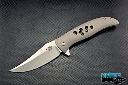 custom tom mayo persian flipper knife, hand rubbed satin cpm 154 blade steel, drilled moa tumbled stonewashed titanium frame