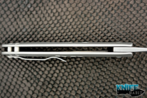 custom tom mayo persian flipper knife, hand rubbed satin cpm 154 blade steel, drilled moa tumbled stonewashed titanium frame