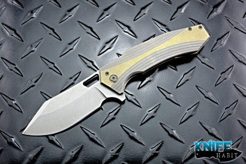 custom ferrum forge model 14 interceptor knife, green titanium milled handle, stonewashed 20cv blade steel