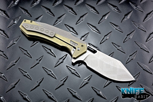 custom ferrum forge model 14 interceptor knife, green titanium milled handle, stonewashed 20cv blade steel