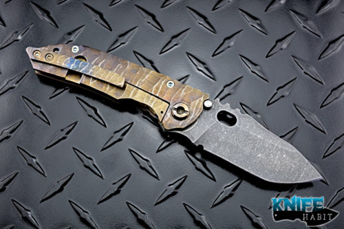 custom dalibor bergam sirius knife, sculpted blue and gold anodized titanium frame, acid washed 3v blade steel